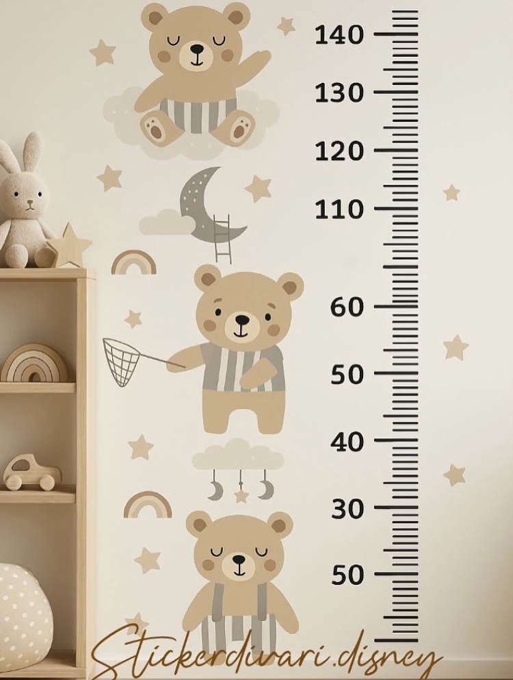 تصویر استیکردیواری چارت قد اتاق خواب کودک مدل تدی 